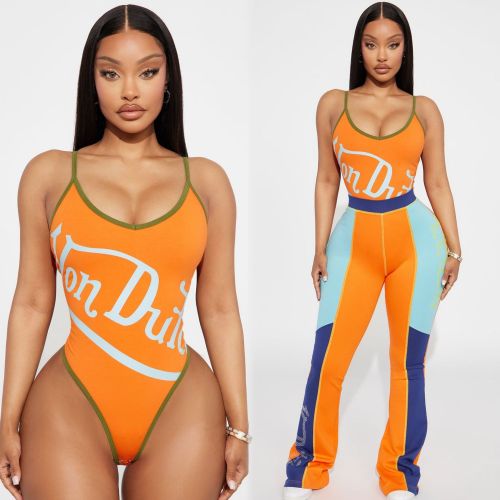 Cross-border European and American summer fashion casual printed jumpsuit with suspenders, slim-fit bodycon long pants set for women