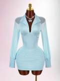 New European and American cross-border fashion solid color long-sleeve slim-fit V-neck ruched bodycon short dress for women