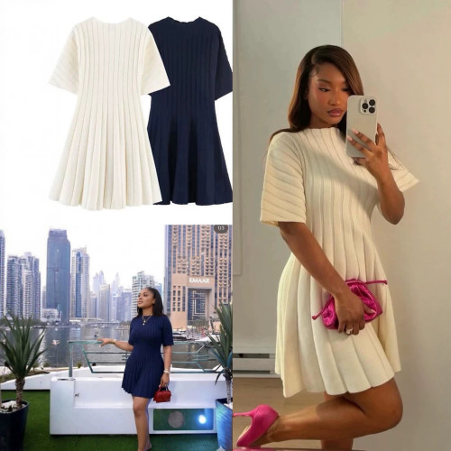 New European and American style cross-border fashion elegant solid color round neck short-sleeve knitted short waist-cinching dress for women
