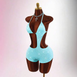 New European and American cross-border foreign trade sexy halter-neck tie-back backless rhinestone sleeveless short jumpsuit for women
