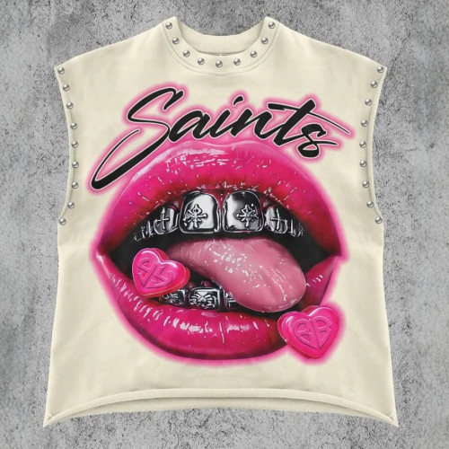 FC1428 European and American cross-border spring and autumn retro lip print studded casual vest