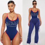 Cross-border European and American summer fashion casual printed jumpsuit with suspenders, slim-fit bodycon long pants set for women