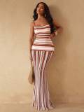 New European and American cross-border fashion sexy strapless color-block striped backless knitted long dress for women