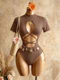 Cross-border European and American summer new fashion sexy solid color round neck tie short-sleeve tight jumpsuit for women