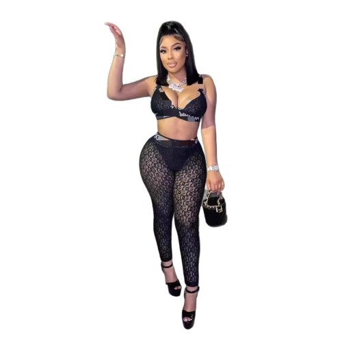 FC1290 Fashionable and Sexy Strapless Crop Top with Hip-Hugging Mesh Print and Letter Flocking Nightclub Style Pants Set