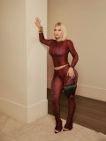 New European and American cross-border foreign trade women's fashion trendy printed long-sleeve top and tight-fitting bodycon pants two-piece set