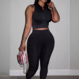 FC1230 European and American cross-border yoga wear, zippered short vest and long pants fashion two-piece set, black, African style