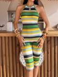 Cross-border European and American summer new fashion sexy printed striped halter neck backless sleeveless three-quarter jumpsuit for women