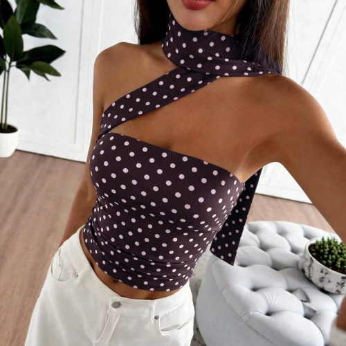 Cross-border European and American summer new style foreign trade hot girl printed polka dot one-shoulder sleeveless short slim-fit tank top with ribbons