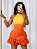 Cross-border European and American summer new fashion sexy halter neck tie sleeveless gradient color lace short dress