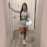 Y500508 Lace Patchwork Gray Short T-shirt Hoodie Hot Girl Outfit Women's Autumn A-line Skirt Casual