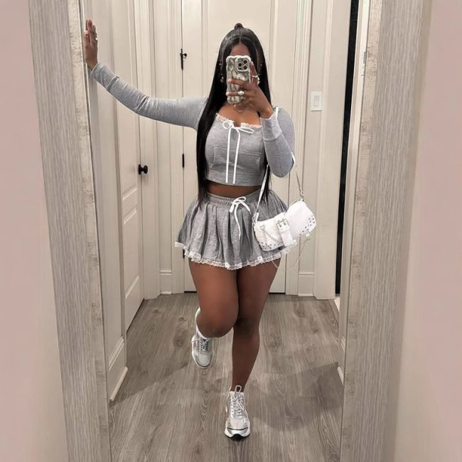 Y500508 Lace Patchwork Gray Short T-shirt Hoodie Hot Girl Outfit Women's Autumn A-line Skirt Casual