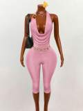 Cross-border European and American summer new fashion sexy halter neck metal buckle open back jumpsuit women's clothing