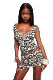 Cross-border European and American summer new fashion sexy printed V-neck tie-back tank top and skirt set for women