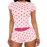 New Valentine's Day Heart Print Contrast Color Basic Slim-Fit Short Sleeve Shorts Casual Home Wear Set for Women