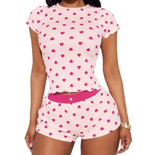 New Valentine's Day Heart Print Contrast Color Basic Slim-Fit Short Sleeve Shorts Casual Home Wear Set for Women