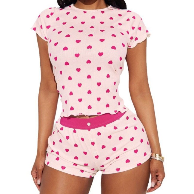New Valentine's Day Heart Print Contrast Color Basic Slim-Fit Short Sleeve Shorts Casual Home Wear Set for Women