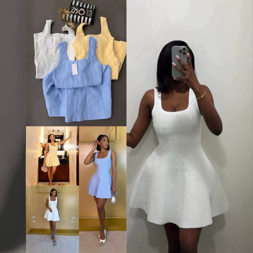 New European and American cross-border fashion elegant beaded sleeveless knitted slim-fit waist-cinching textured A-line tank dress for women
