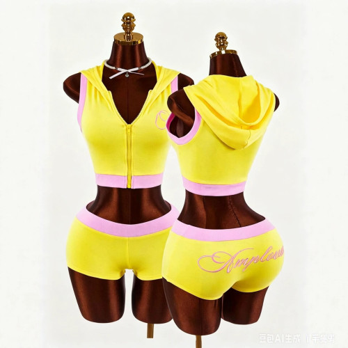 New European and American cross-border fashion casual sports solid color printed zip-up hooded top and hip-hugging shorts set