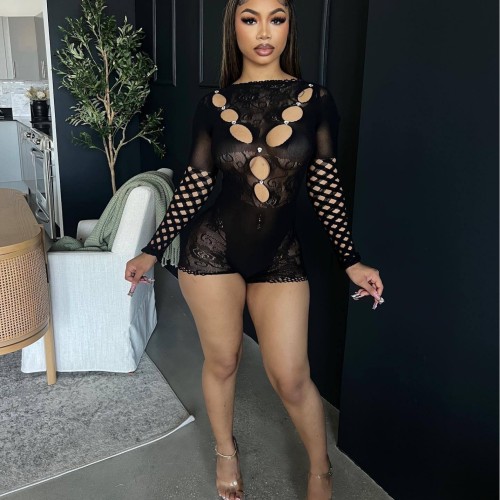 Y6710 European and American cross-border fashion women's clothing mesh sexy see-through hollow-out tight jumpsuit
