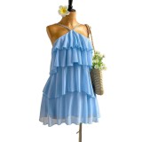 Cross-border European and American summer new foreign trade resort style sexy halter neck tie-back sleeveless ruffle cake dress for women