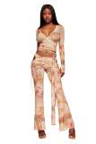 Cross-border European and American summer new fashion sexy V-neck printed tie slim-fit long pants suit for women