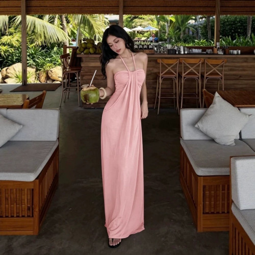 New European and American cross-border fashion sexy solid color strapless halter neck tie holiday style long dress