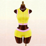 New European and American cross-border fashion casual sports solid color printed zip-up hooded top and hip-hugging shorts set