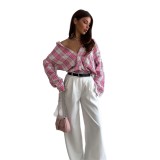 Pink plaid shirt for women, new European and American style, versatile loose-fitting shirt with detachable long sleeves and a turn-down collar, suitable as an outer layer