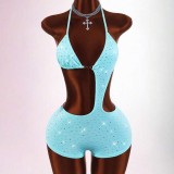 New European and American cross-border foreign trade sexy halter-neck tie-back backless rhinestone sleeveless short jumpsuit for women