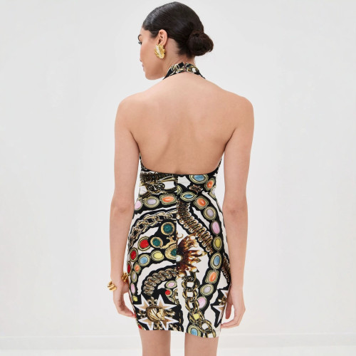 FC1467 European and American fashion cross-border retro hot girl geometric print tight halter neck dress with a unique street style