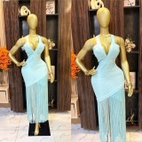 New European and American style foreign trade fashion sexy solid color sleeveless V-neck bandage slim-fit bodycon tassel dress for women