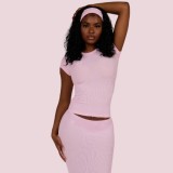 FC1509 European and American cross-border fashion hot girl solid color short-sleeve top slim-fit bodycon long skirt set