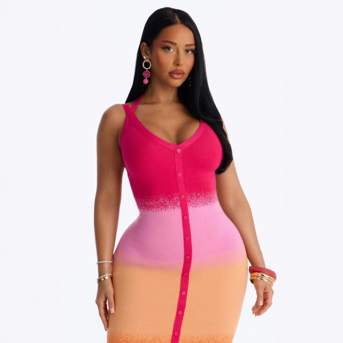 New European and American cross-border fashion sexy color-blocked V-neck strap slim-fit bodycon long dress for women
