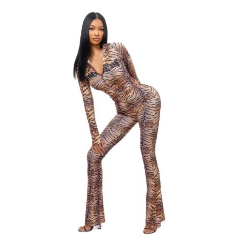 FC1504 European and American cross-border fashion sexy slim-fit leopard print hooded long-sleeve zip-up printed suit