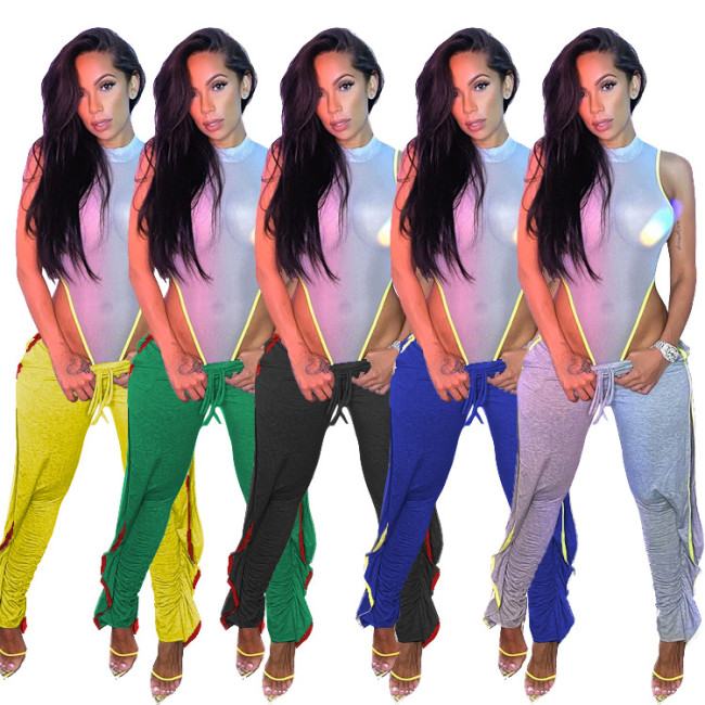 Y66186 Cross-border women's autumn and winter new fashion trendy and cool ruffled double-sided hollow stacked tight-fitting jogger pants