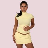 FC1491 European and American cross-border hot girl pink and yellow slim-fit half-high collar solid color short-sleeve top and bodycon skirt casual set