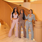 New European and American cross-border fashion casual printed zip-up long-sleeve crop top with tie-up pants set