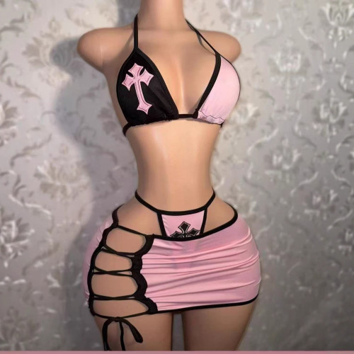 13623-PieceSexyBikiniSet sexy hot girl bikini short skirt three-piece set with geometric pattern