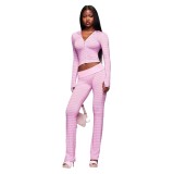 Cross-border European and American IAMGIA new fashion casual striped printed zip-up hooded top and pants set for women