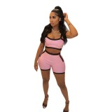 1374 Color-Block Sports Shorts Set, color-blocked fashionable high-waisted sports tight shorts