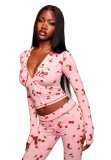 Cross-border European and American summer new fashion casual printed cherry zip-up hooded top and hip-hugging long pants set