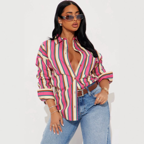Cross-border European and American autumn new fashion casual striped long-sleeve shirt, loose and versatile outerwear for women