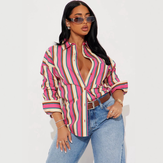 Cross-border European and American autumn new fashion casual striped long-sleeve shirt, loose and versatile outerwear for women