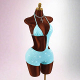 New European and American cross-border foreign trade sexy halter-neck tie-back backless rhinestone sleeveless short jumpsuit for women