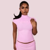 FC1491 European and American cross-border hot girl pink and yellow slim-fit half-high collar solid color short-sleeve top and bodycon skirt casual set