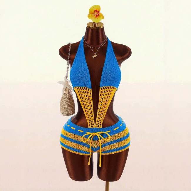 Cross-border European and American summer new fashion sexy halter neck tie-back backless jumpsuit for women