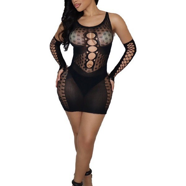 Y0521 European and American cross-border fashion sexy mesh see-through dress with sleeves
