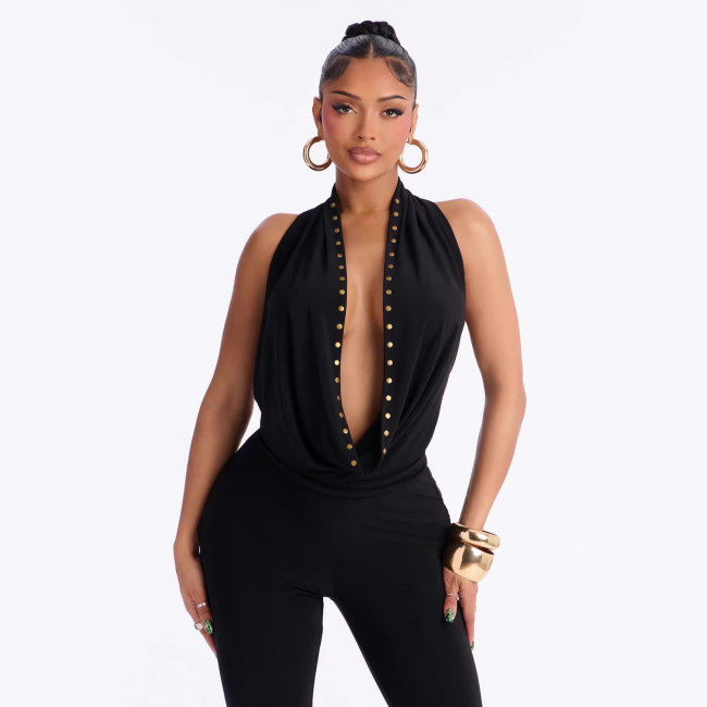 Cross-border European and American summer new foreign trade sexy hot girl rivet halter neck deep V-neck backless three-quarter jumpsuit