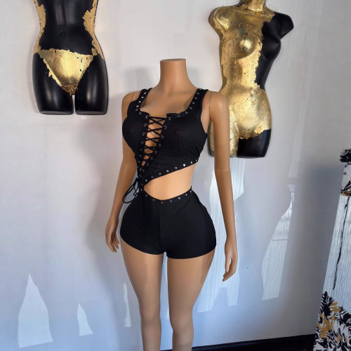 1429 Fashion Tie-Up Sexy Crop Top Asymmetrical Tank Romper